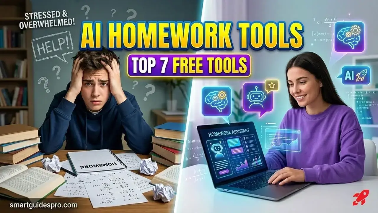 best AI tools for homework help thumbnail showing student stressed vs using AI tools