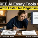Student using AI tools for writing essays on a laptop with before and after comparison showing messy notes and clean typed essay, representing free AI essay writer tools for students.