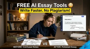 Student using AI tools for writing essays on a laptop with before and after comparison showing messy notes and clean typed essay, representing free AI essay writer tools for students.