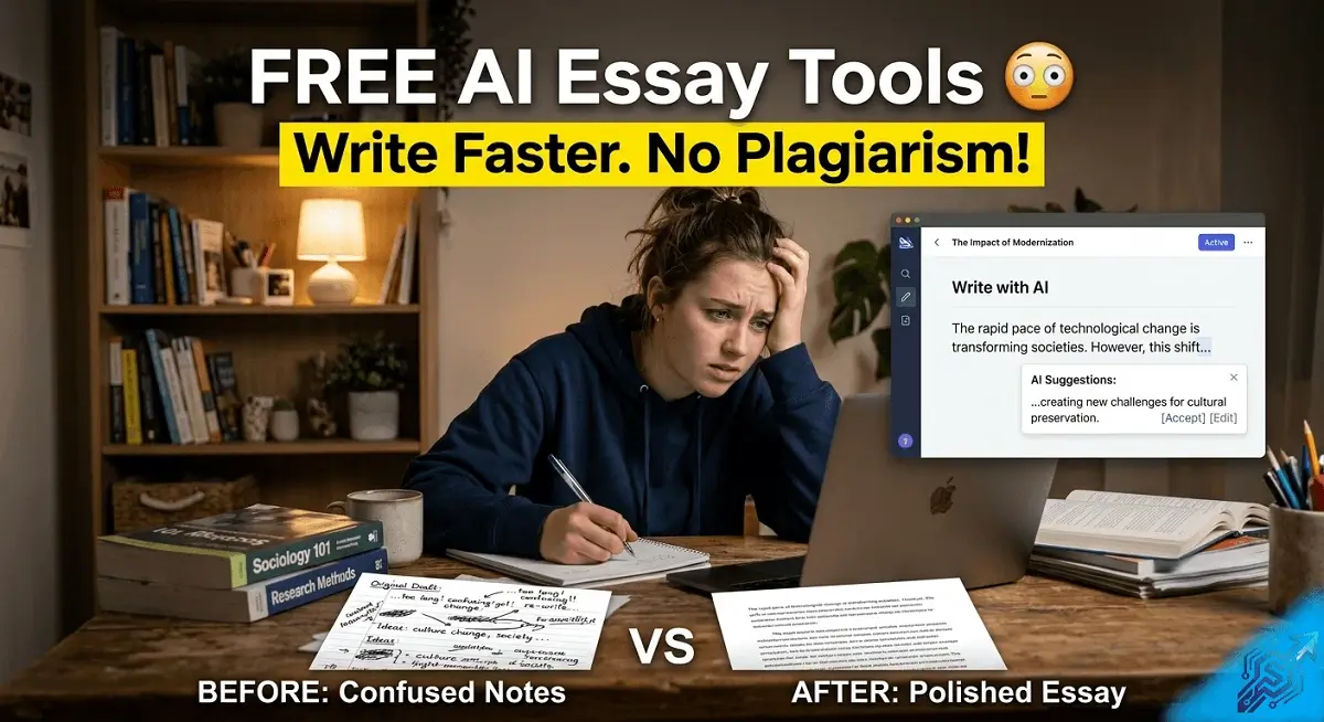 Student using AI tools for writing essays on a laptop with before and after comparison showing messy notes and clean typed essay, representing free AI essay writer tools for students.