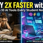 Real college student using AI tools on laptop, showing before and after study productivity transformation with stress vs organized study environment, representing AI tools every college student should know for smarter studying and assignments.