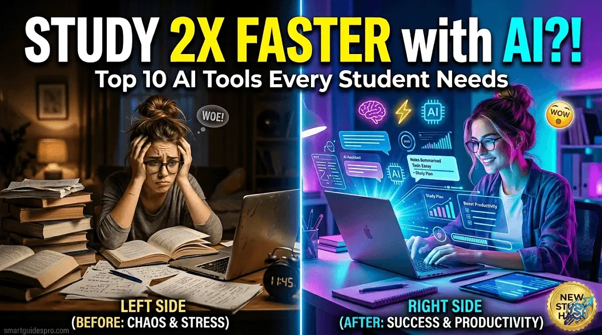 Real college student using AI tools on laptop, showing before and after study productivity transformation with stress vs organized study environment, representing AI tools every college student should know for smarter studying and assignments.