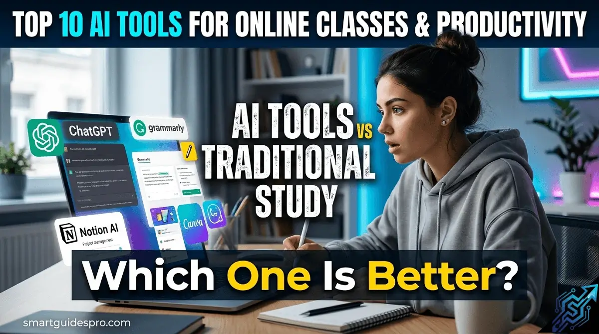 Student using laptop with AI tools interface showing comparison “AI Tools vs Traditional Study” for AI tools for online classes and student productivity concept.