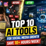 Small business owner using AI tools for social media management to automate content creation, scheduling, analytics, and social media growth.