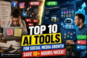 Small business owner using AI tools for social media management to automate content creation, scheduling, analytics, and social media growth.