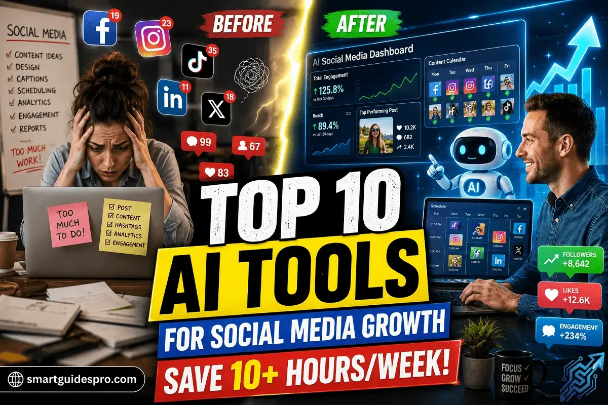 Small business owner using AI tools for social media management to automate content creation, scheduling, analytics, and social media growth.