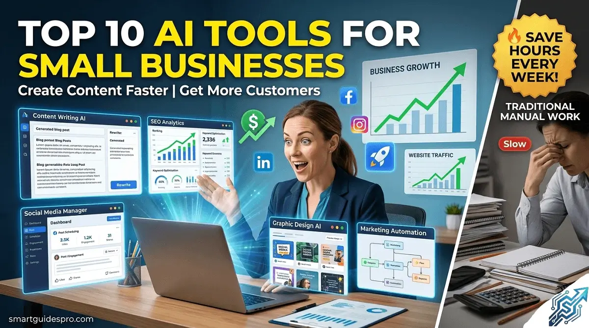 Best AI tools for content creation and marketing for small businesses including content writing, SEO optimization, graphic design, and business automation tools.